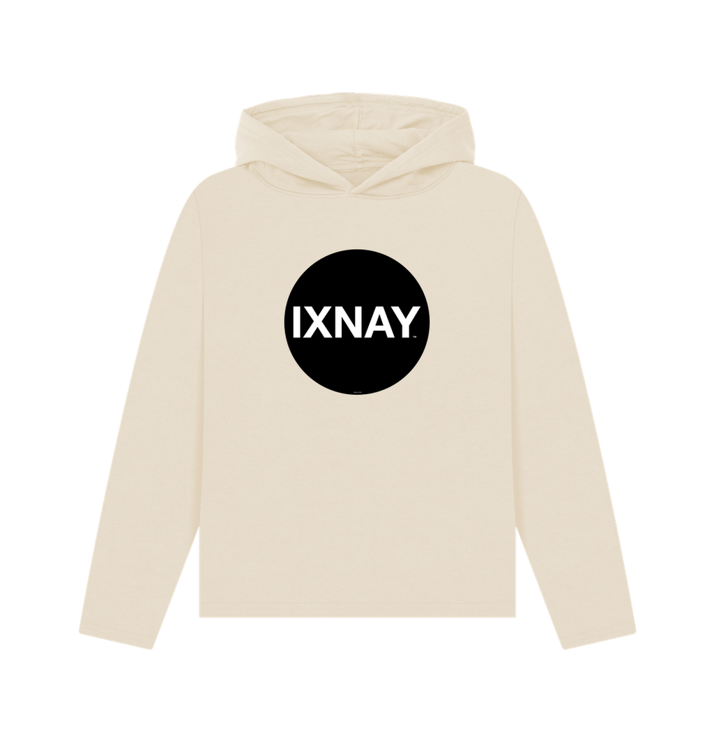 womens oat light beige organic pullover hoodie with original black round IXNAY logo
