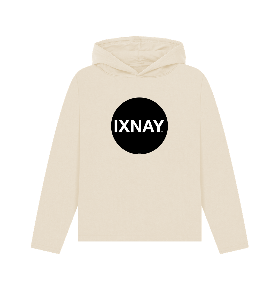 womens oat light beige organic pullover hoodie with original black round IXNAY logo