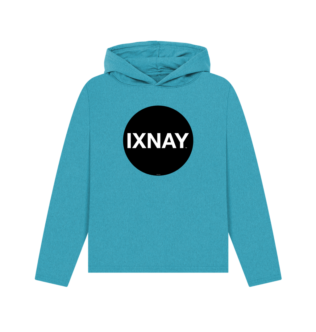 womens ocean blue organic recycled pullover hoodie with original black round IXNAY logo