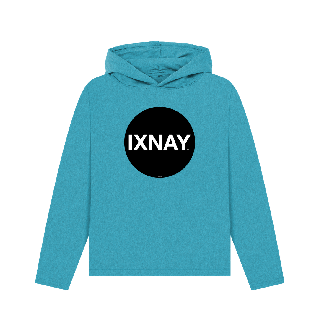 womens ocean blue organic recycled pullover hoodie with original black round IXNAY logo