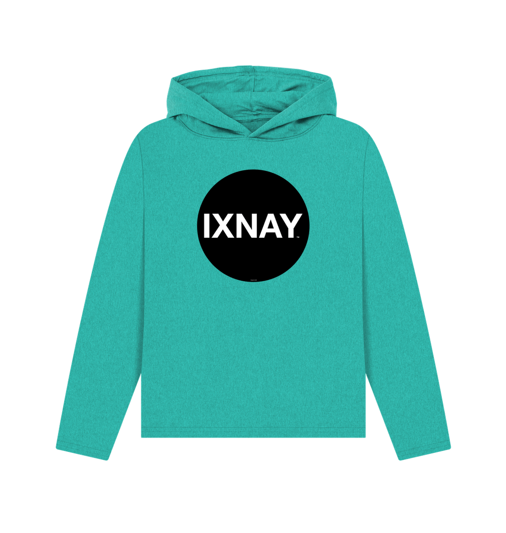 womens seagrass green organic recycled pullover hoodie with original black round IXNAY logo