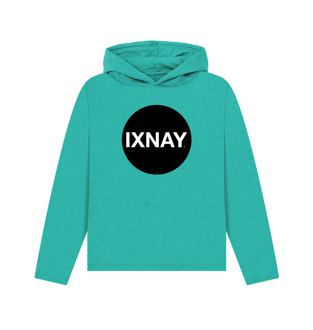 womens seagrass green organic recycled pullover hoodie with original black round IXNAY logo