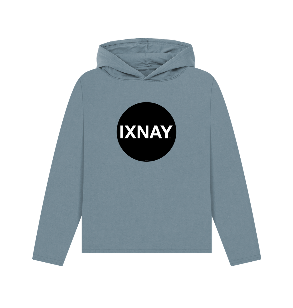 womens stone blue organic pullover hoodie with original black round IXNAY logo