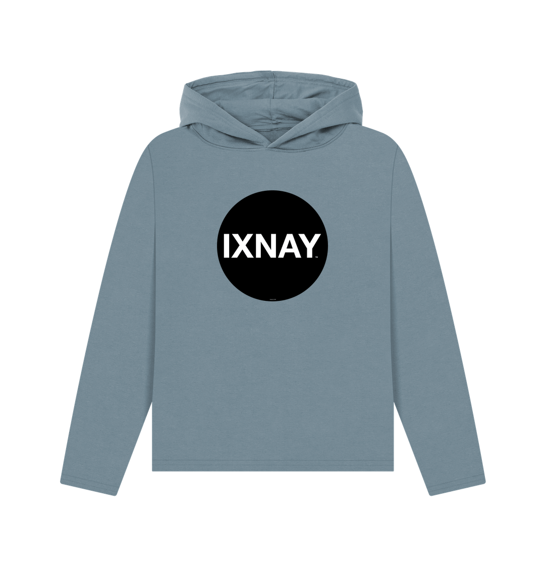 womens stone blue organic pullover hoodie with original black round IXNAY logo