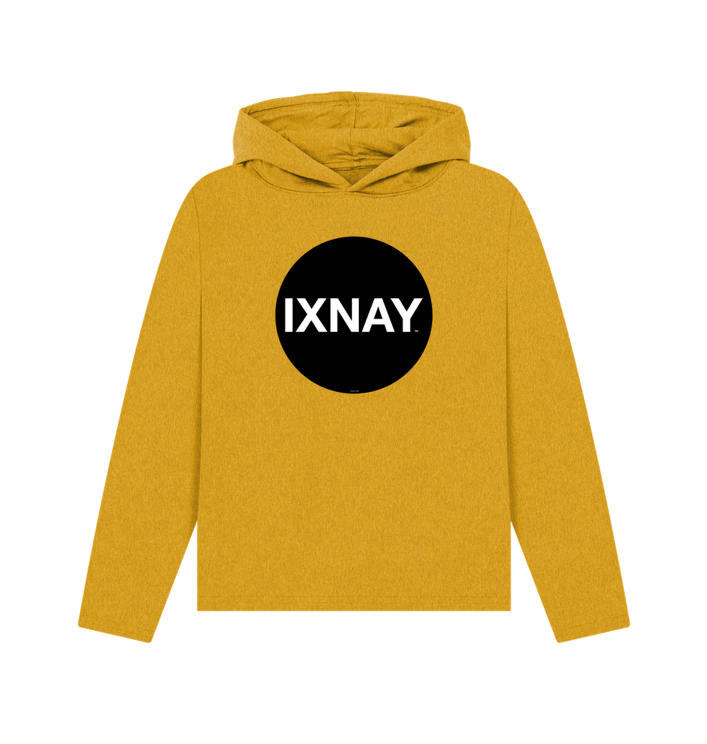 womens sunflower yellow organic recycled pullover hoodie with original black round IXNAY logo