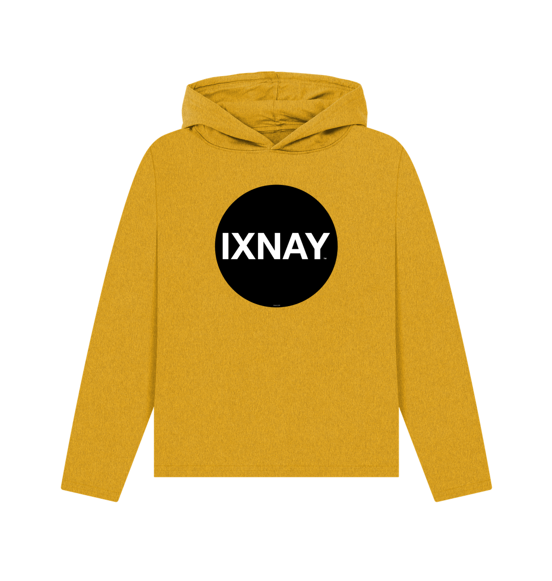 womens sunflower yellow organic recycled pullover hoodie with original black round IXNAY logo