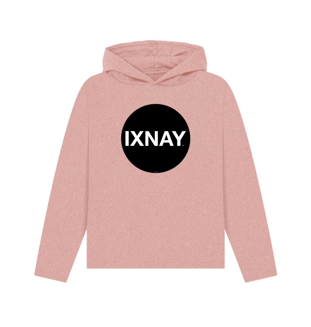 womens sunset pink organic recycled pullover hoodie with original black round IXNAY logo