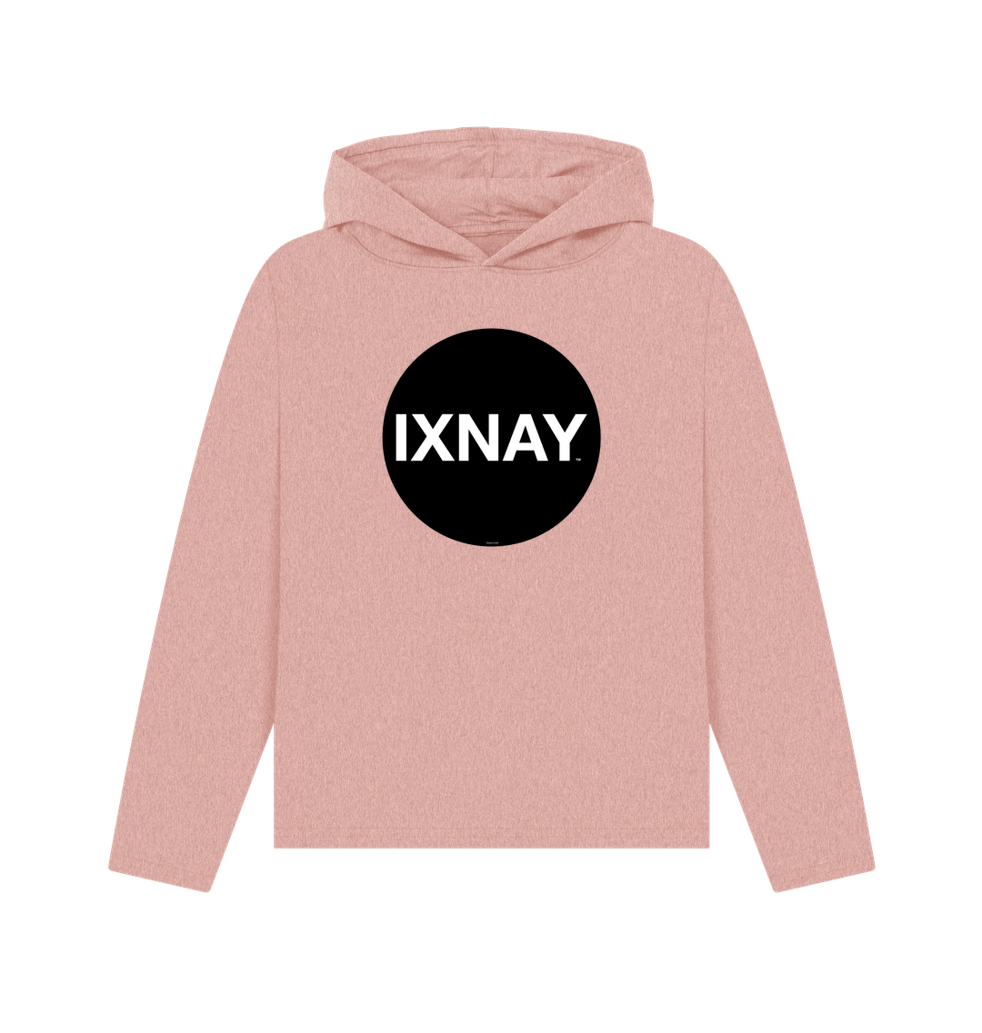 womens sunset pink organic recycled pullover hoodie with original black round IXNAY logo