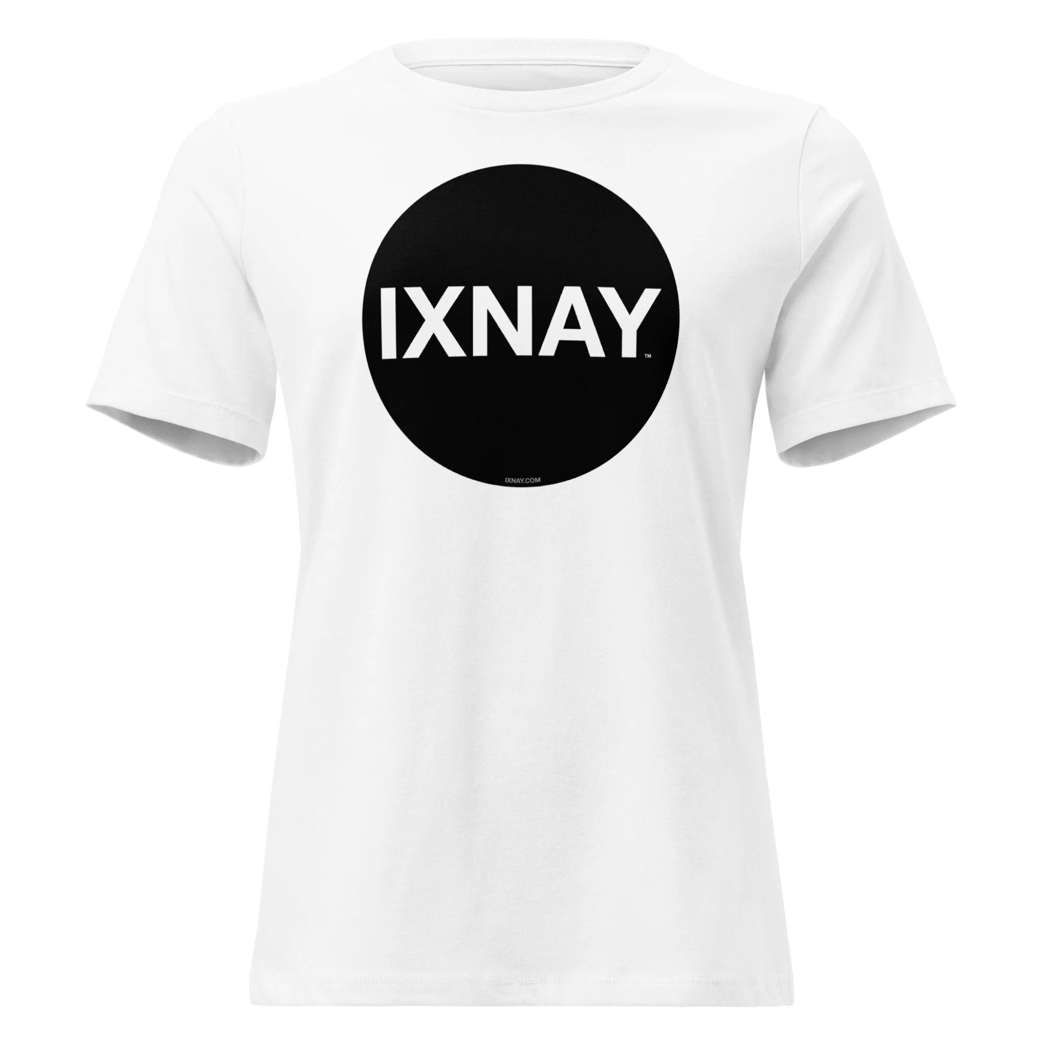 White women's t-shirt with a black circle and 'IXNAY' text on a white background
